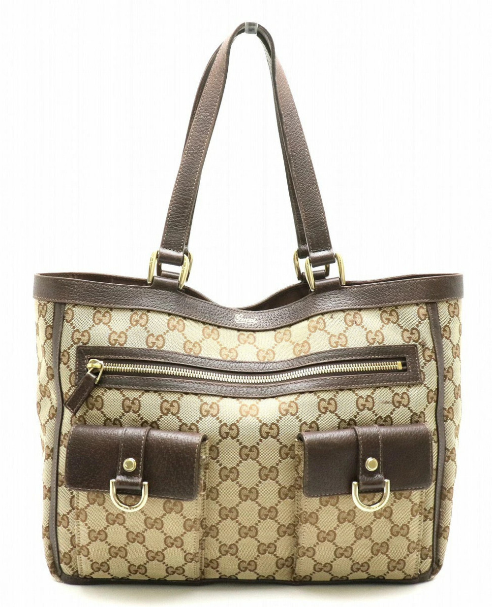 Gucci GG Canvas Tote Bag Shoulder Strap Leather Beige Brown Cream